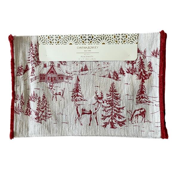 4pc Cynthia Rowley Winter Forest Christmas Placemats 13x19 Holiday Red Sparkle - Picture 1 of 12